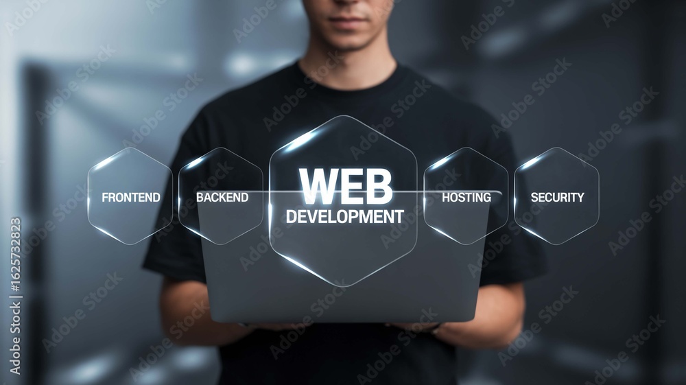 Poster dynamic professional presenting modern web development concepts, showcasing frontend, backend, hosti