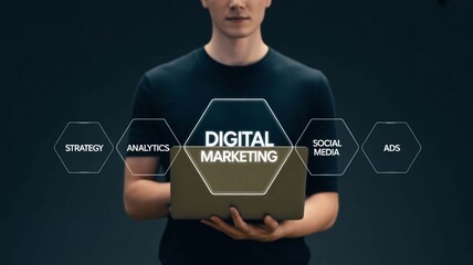 Dynamic professional showcasing digital marketing strategy analytics social media and ads concepts with a modern technological approach