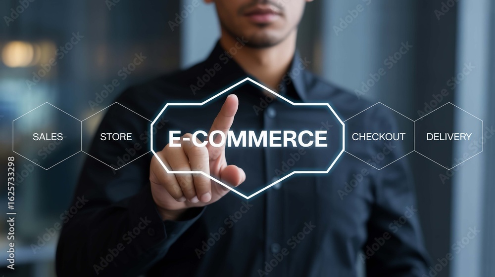 Poster man's finger touches interactive screen displaying e-commerce with connected stages like sales, stor