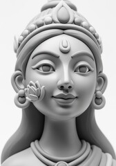Close up of a serene clay sculpture depicting a hindu goddess with intricate details and a peaceful expression