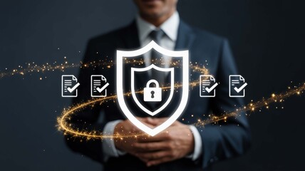 Professional businessman embodies digital security and data protection with glowing shield and verified document icons symbolizing trust and compliance in modern business.