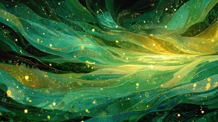 Abstract painting with flowing green, blue, and golden textures resembling water or aurora
