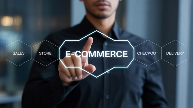 Man's finger touches interactive screen displaying E-COMMERCE with connected stages like SALES, STORE, CHECKOUT, and DELIVERY, symbolizing digital business operations.