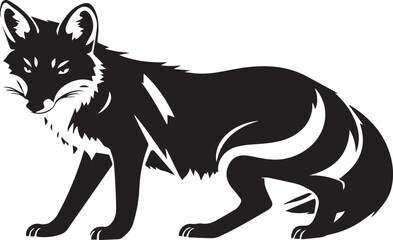 A stylized black and white fox design, featuring bold, sweeping, curved lines that form an elegant and abstract silhouette. The fox is seated gracefully, with its tail and fur created using modern, ge