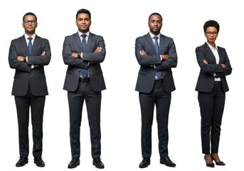Confident diverse professionals standing with arms crossed on white background