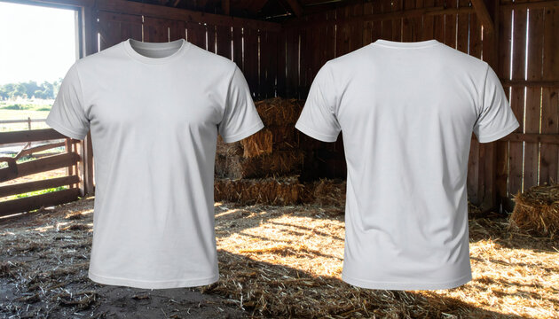 Blank white crew neck t-shirt mockup, front and back view, set in a rustic barn with hay.