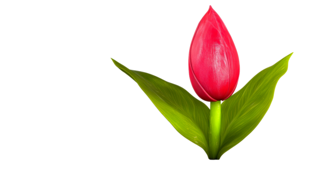 Bright red tulip with lush green leaves on transparent background