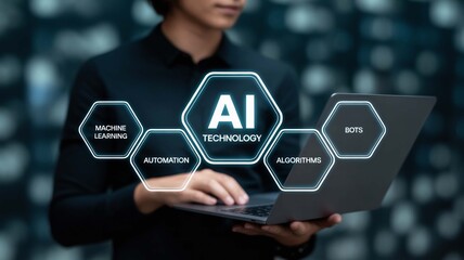 Innovative professional leveraging AI technology and machine learning for automation and algorithms with bots on a modern digital interface