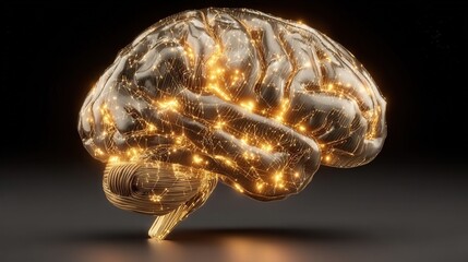 Glowing AI brain connected to digital data streams, symbolizing artificial intelligence and neural complexity, dark tech background, ultra detailed, high resolution.