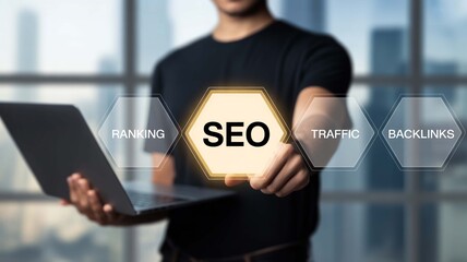Dynamic businessman using laptop interacts with glowing SEO interface, driving ranking, traffic, and backlinks for digital marketing success in modern office