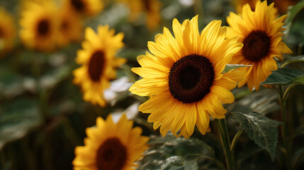 Fototapeta premium A field of bright yellow sunflowers blooming in the summer sunshine outdoors