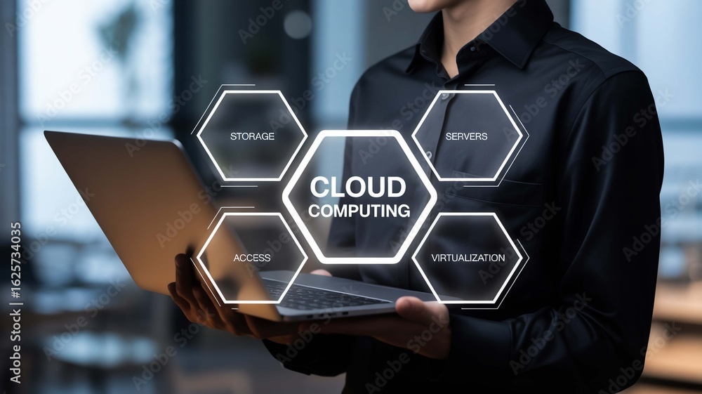 Poster dynamic professional engaging with modern cloud computing concept on laptop, illustrating data acces