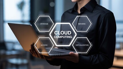 Dynamic professional engaging with modern cloud computing concept on laptop, illustrating data access, storage, servers, and virtualization for seamless digital transformation.