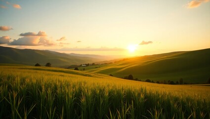 Obraz premium Sun Rays Shining Over Rolling Hills – Beautiful Green Meadow at Sunrise