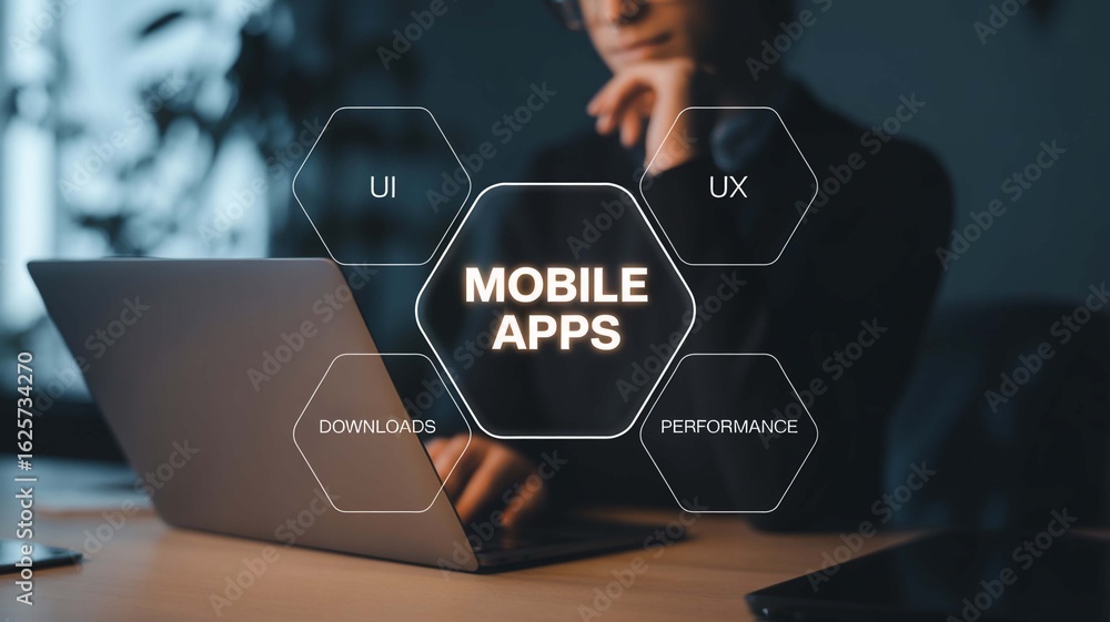 Poster unlocking mobile app success through strategic ui ux design, downloads, and performance optimization