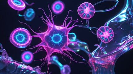 Microscopic illustration of genetically modified stem cells turning into brain neurons. Scientific research concept for biology, biotechnology, microbiology, and genetic engineering.