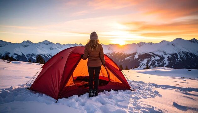 Woman at Sunset with Winter Camp, and Mountains.