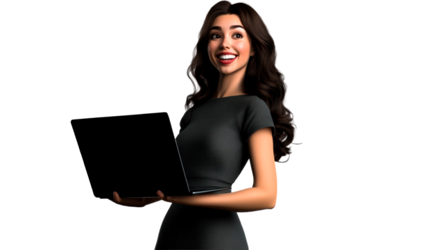 Professional woman smiling while holding laptop in modern setting