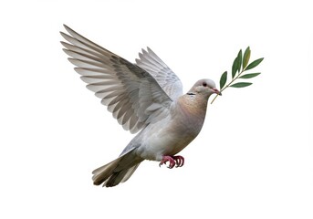 Obraz premium Eurasian collared dove gracefully soars with olive branch in beak conveying peace