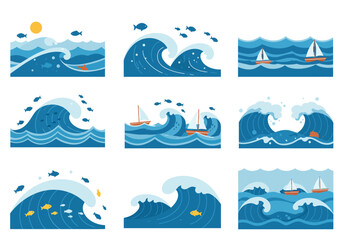 Obraz premium Collection of Ocean Waves with Sailboats and Fish.
