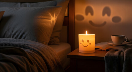 Cheerful bedside setting with illuminated candle casting playful shadows and serene ambience