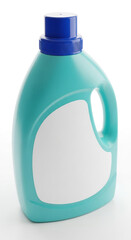 Turquoise plastic bottle with a blue cap and a white label is isolated on a white background, ready for branding