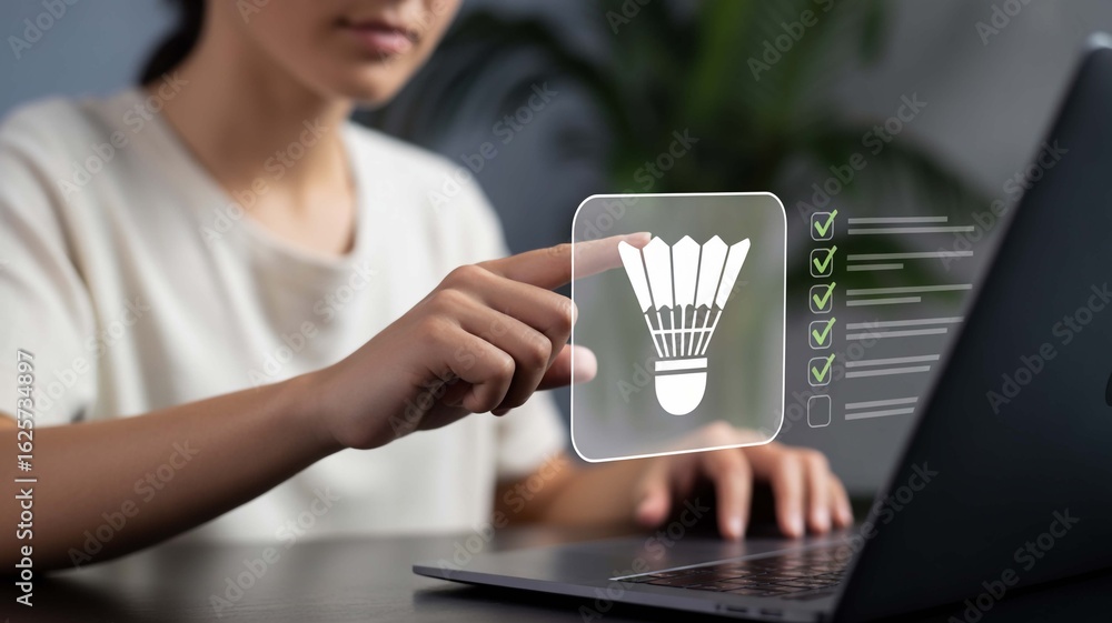 Poster woman's hand interacting with a digital checklist featuring a shuttlecock icon, symbolizing task com
