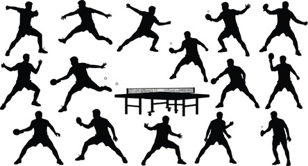 Silhouettes of table tennis players in action, dynamic ping pong match, competitive sports energy, athletic movement, sporty poses, high intensity
