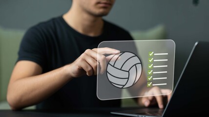 Person interacting with digital interface showing volleyball and completed checklist tasks, symbolizing success and goal achievement in sports or business.