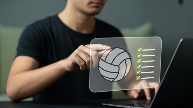 Person interacting with digital interface showing volleyball and completed checklist tasks, symbolizing success and goal achievement in sports or business.