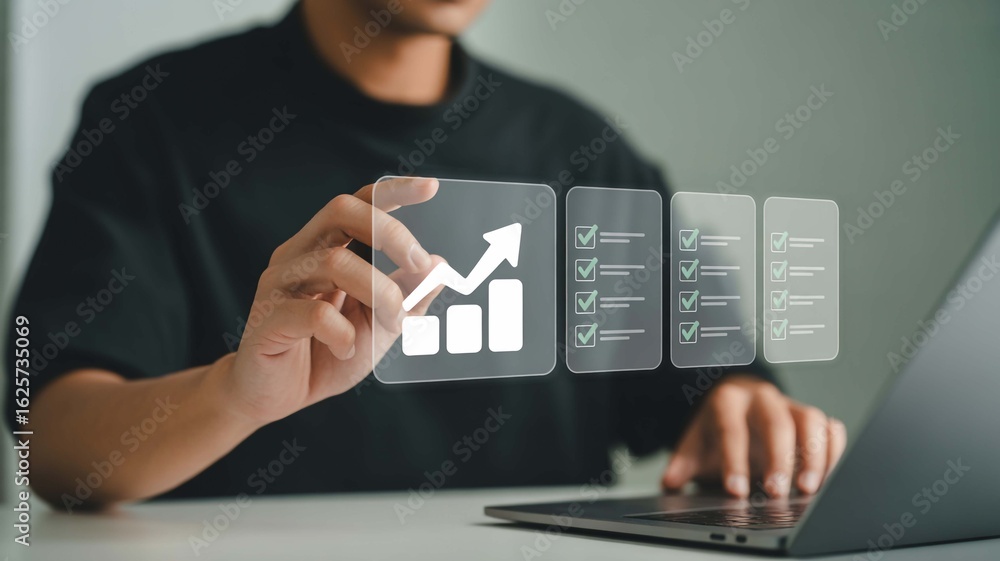 Poster man interacting with futuristic holographic display showing upward trending graph and completed chec