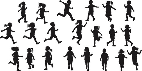 Silhouettes of children running, playing, exercising outdoors, fitness, health, activity, energetic movement, childhood fun, dynamic kids, active lifestyle