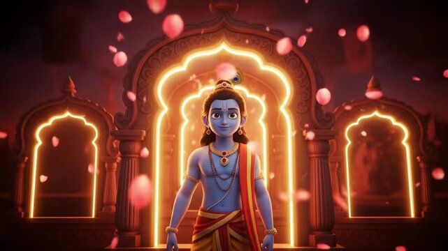 Illustration of Lord Krishna celebrating janmashtami with vibrant lights and decorations - Powered by Adobe
