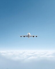 Fototapeta premium An airplane soaring high above the clouds in a clear blue sky.