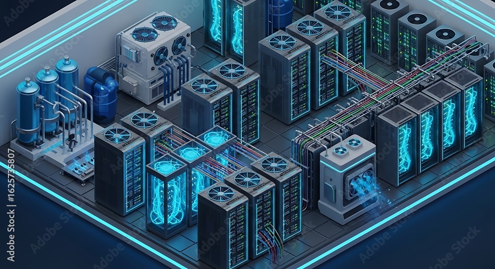 Poster isometric view of a futuristic data center with glowing blue cores and cooling systems.