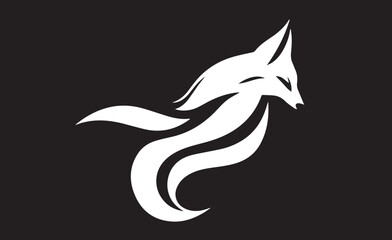 A stylized black and white fox design, featuring bold, sweeping, curved lines that form an elegant and abstract silhouette. The fox is seated gracefully, with its tail and fur created using modern, ge