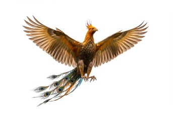 Majestic mythical creature soars on white, wings spread wide in the sky