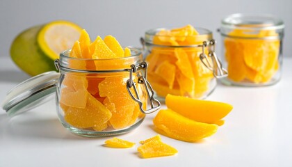 Dried mango pieces in glass jars