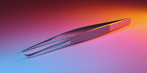 Single tweezers tool is placed on vibrant gradient background, showcasing its sleek design and metallic texture. colorful backdrop enhances modern and stylish appearance of tweezers
