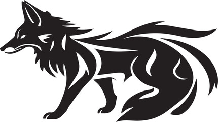 A stylized black and white fox design, featuring bold, sweeping, curved lines that form an elegant and abstract silhouette. The fox is seated gracefully, with its tail and fur created using modern, ge