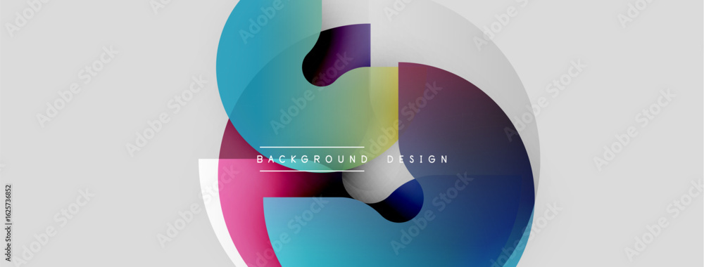 Poster abstract colorful shapes overlap, creating dynamic visual effect. light gray background provides con