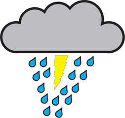 Simple illustration depicting a storm cloud with rain falling and a lightning bolt.