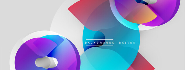 Abstract colorful shapes overlap, creating dynamic visual effect. Modern design features vibrant blues, purples, reds, grays.