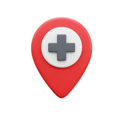 Obraz premium Red medical location pin with white circle and gray cross isolated on transparent background