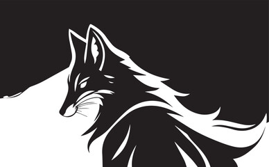 A stylized black and white fox design, featuring bold, sweeping, curved lines that form an elegant and abstract silhouette. The fox is seated gracefully, with its tail and fur created using modern, ge