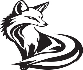 A stylized black and white fox design, featuring bold, sweeping, curved lines that form an elegant and abstract silhouette. The fox is seated gracefully, with its tail and fur created using modern, ge