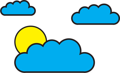 Cartoon illustration depicting a sunny sky with stylized blue clouds and a bright yellow sun.