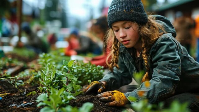 Children engaging in gardening activities in a community garden during a sunny day in late spring