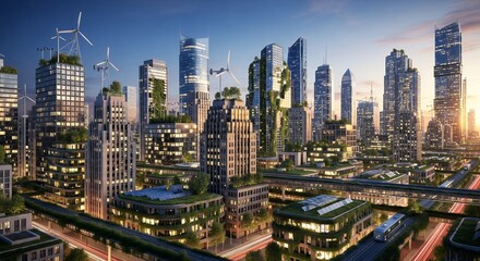 A futuristic city skyline with green buildings and wind turbines under a serene sky, concept for sustainable urbanism, ecological architecture and renewable energy solutions