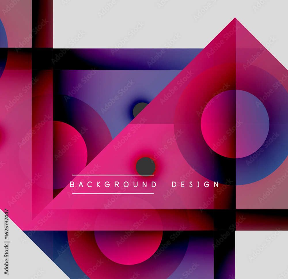 Poster abstract geometric composition. vivid pinks, purples dominate design. overlapping shapes create dyna